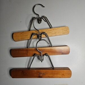 Setwell Vintage Wood Pants Skirt Hangers Set of 3 Metal Clamp Felt Lined MCM